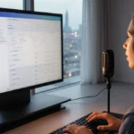 Person speaking into microphone while typing on keyboard with large touchscreen showing AI interface and city lights outside