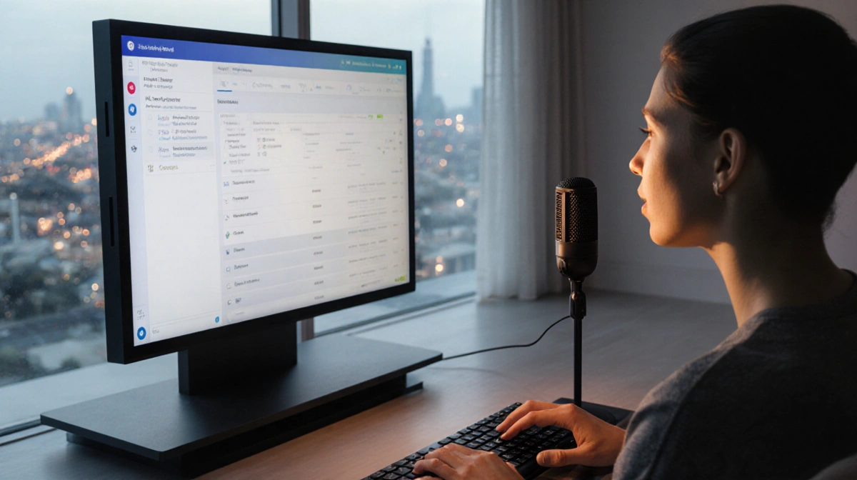 Person speaking into microphone while typing on keyboard with large touchscreen showing AI interface and city lights outside