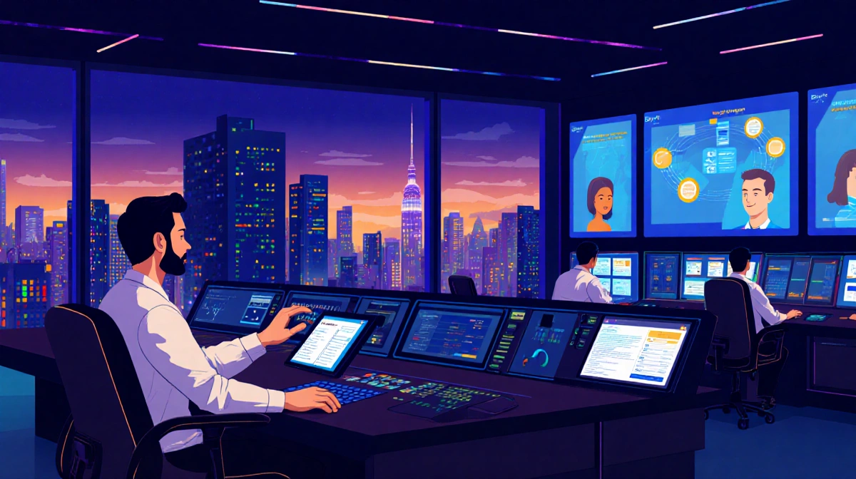Business owner programs AI voice agent on tablet with technicians working at consoles and city skyline visible through window