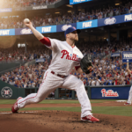 Aidan Miller pitching a fastball with golden glow over Phillies stadium and cheering baseball fans holding signs
