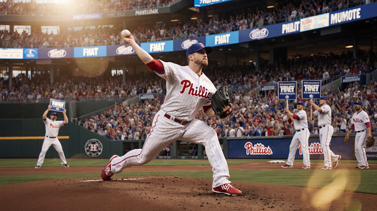 Aidan Miller pitching a fastball with golden glow over Phillies stadium and cheering baseball fans holding signs