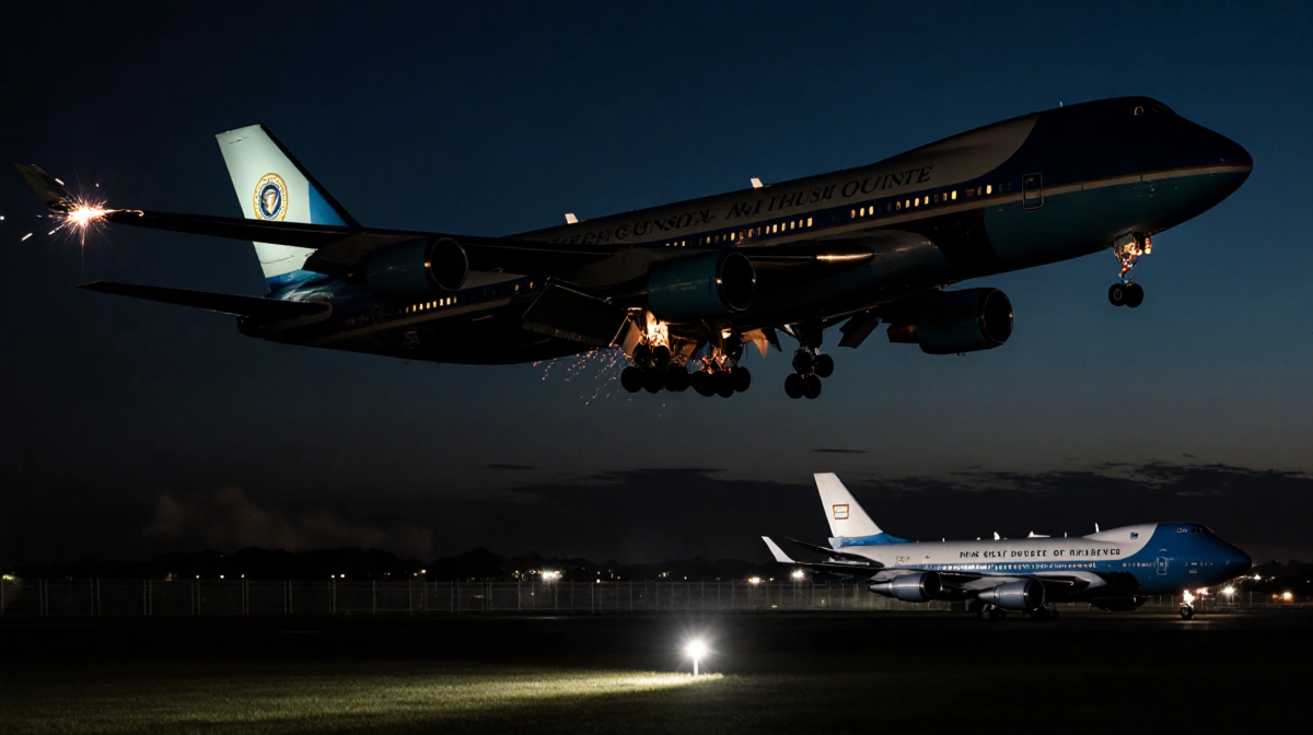 Air Force One lands with sparks on wingtip and C-32 aircraft waiting nearby at Joint Base Andrews
