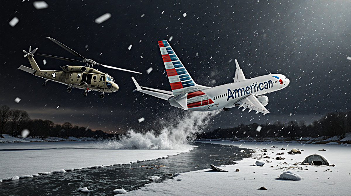 Two aircraft crashing into icy Potomac River with snowflakes falling and debris littering frozen surface