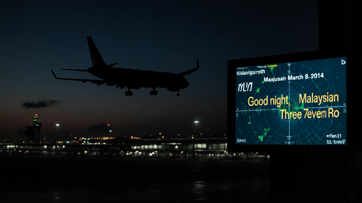 Airplane silhouette hovering over KLIA with departure time March 8 2014 on radar screen and bold radio call above.