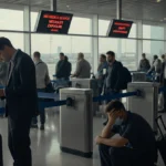 Worried travelers check boarding passes at security checkpoint with measles exposure alerts flashing on airport screens