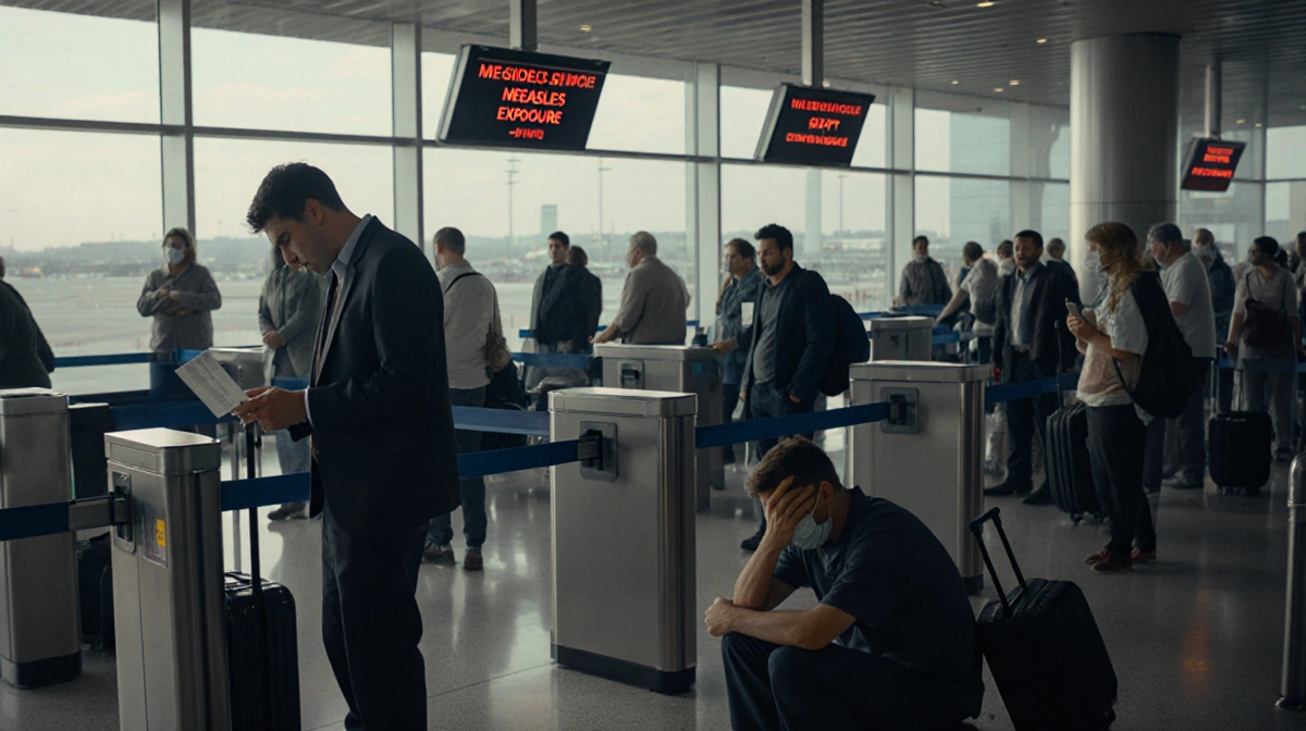 Worried travelers check boarding passes at security checkpoint with measles exposure alerts flashing on airport screens