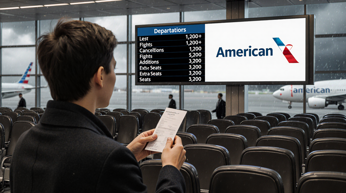Worried traveler holding a boarding pass with flight cancellation board and winter near American Airlines logo terminal.