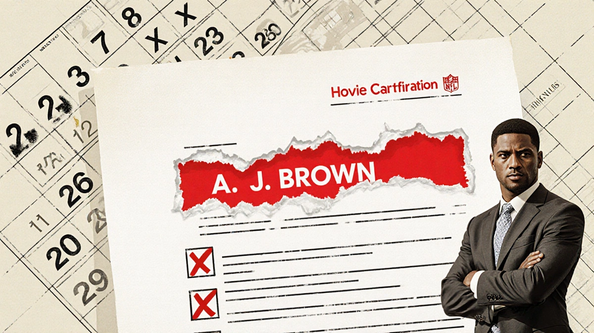 A.J. Brown stands with torn contract showing red highlighted stats with calendar marked through seasons behind him