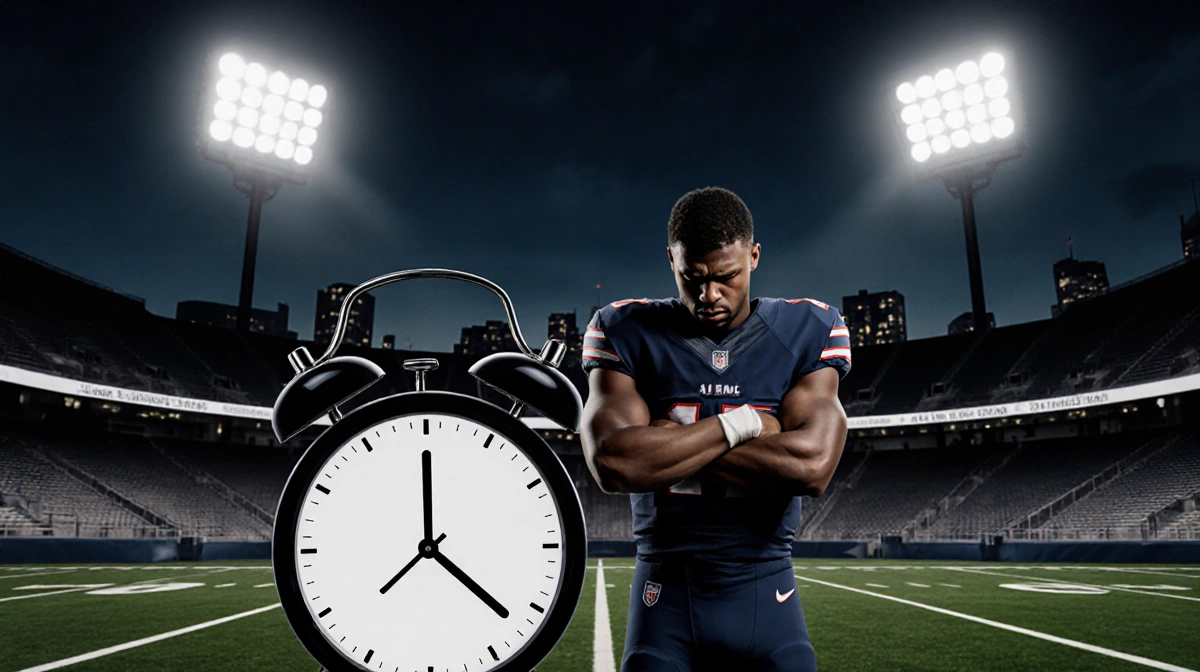 A.J. Brown stands alone on the football field with his head down and arms crossed under dimmed stadium lights with empty seat