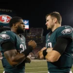 A.J. Brown confronting Nick Sirianni on Eagles sideline with 49ers logo visible and tense body language showing frustration