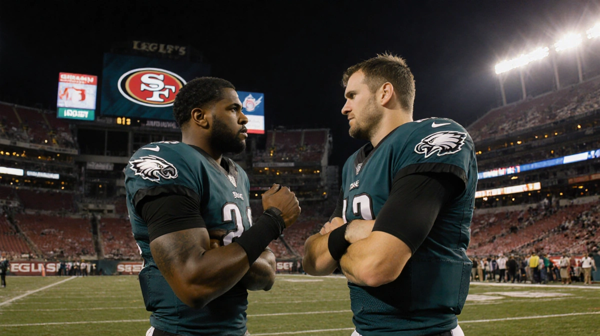 A.J. Brown confronting Nick Sirianni on Eagles sideline with 49ers logo visible and tense body language showing frustration