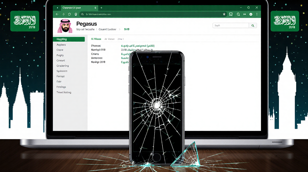 iPhone displaying Pegasus interface with cracked screen shattered glass and London skyline showing subtle Saudi symbols