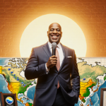 Al Roker standing proudly with microphone and awards and sunny weather map