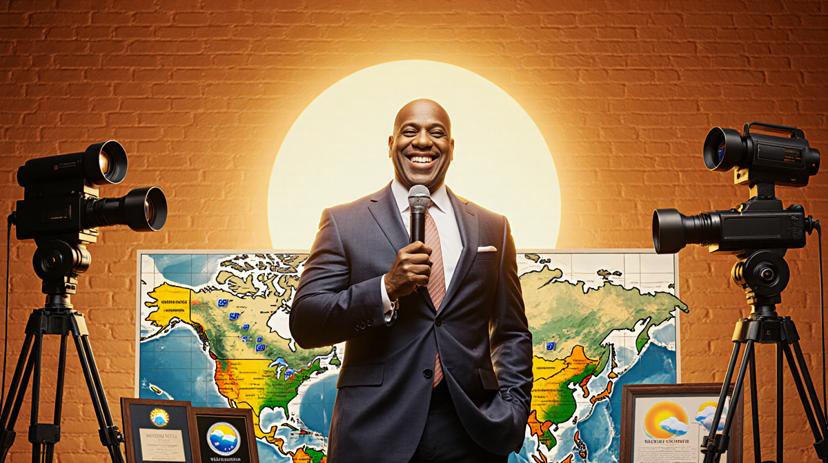 Al Roker standing proudly with microphone and awards and sunny weather map