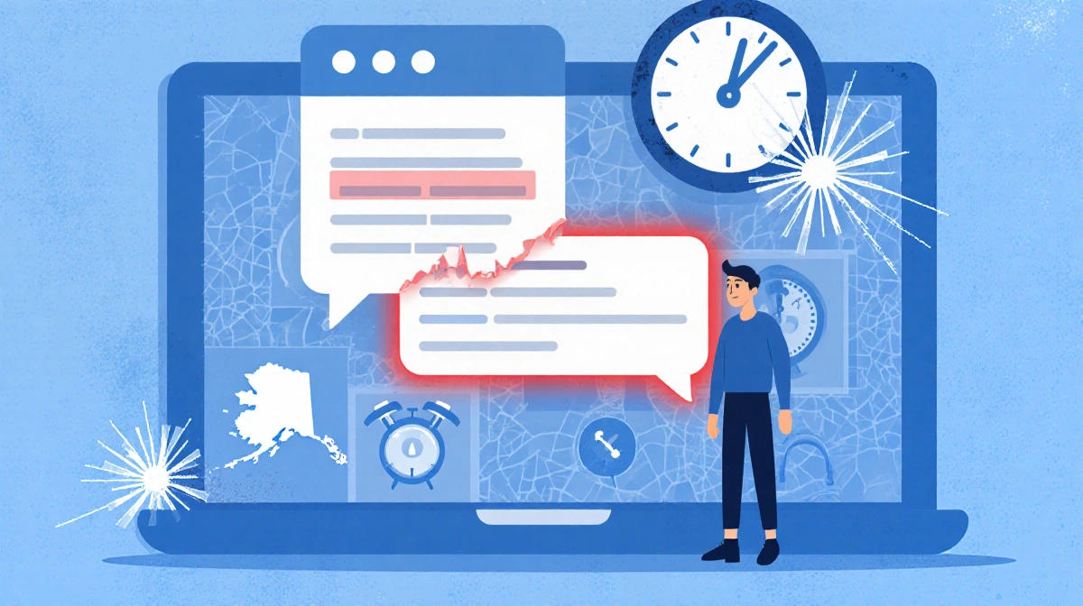 User watching distorted AI chatbot reply with broken clock symbolizing hallucinations and accuracy concerns