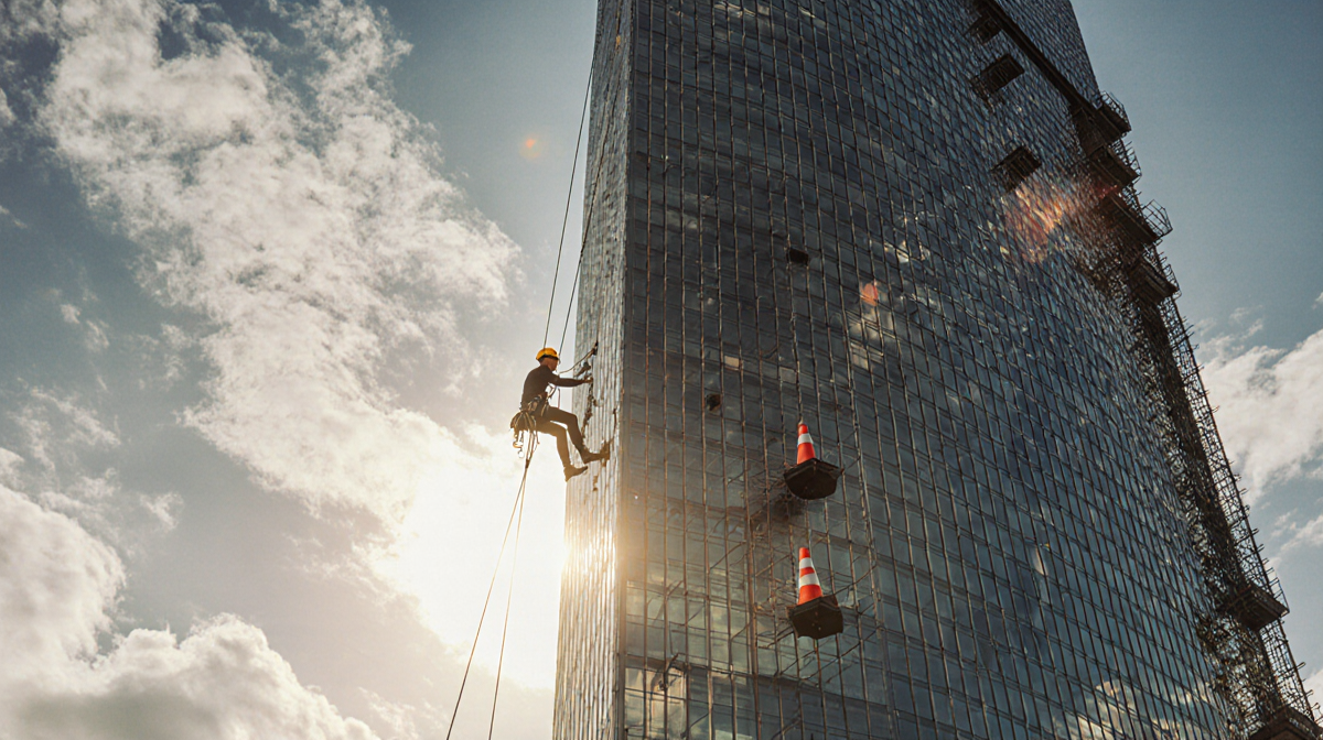 Alex Honnold climbing Taipei 101 ropeless with golden sun glow on glass and construction cones.