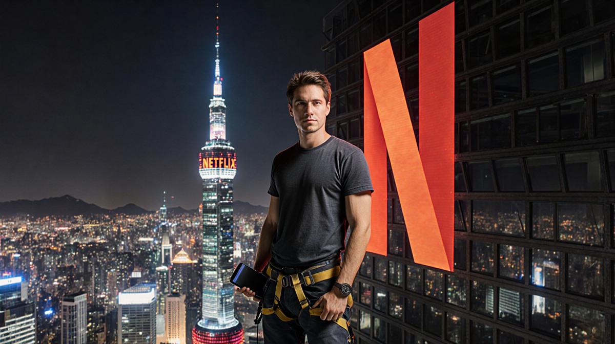 Alex Honnold extreme athlete standing atop Taipei 101 with a neon Netflix logo and a tablet beside him against the cityscape.
