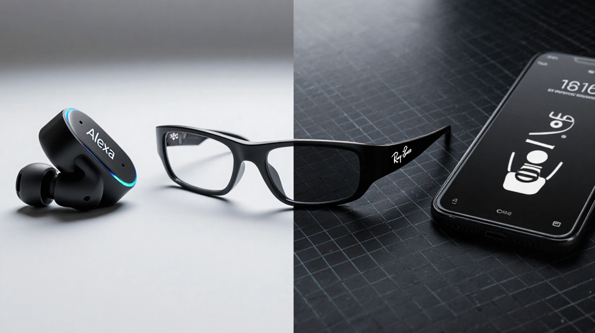 Earbuds labeled Alexa and Ray-Ban Meta glasses sit on grid background with futuristic Bee wearable between them