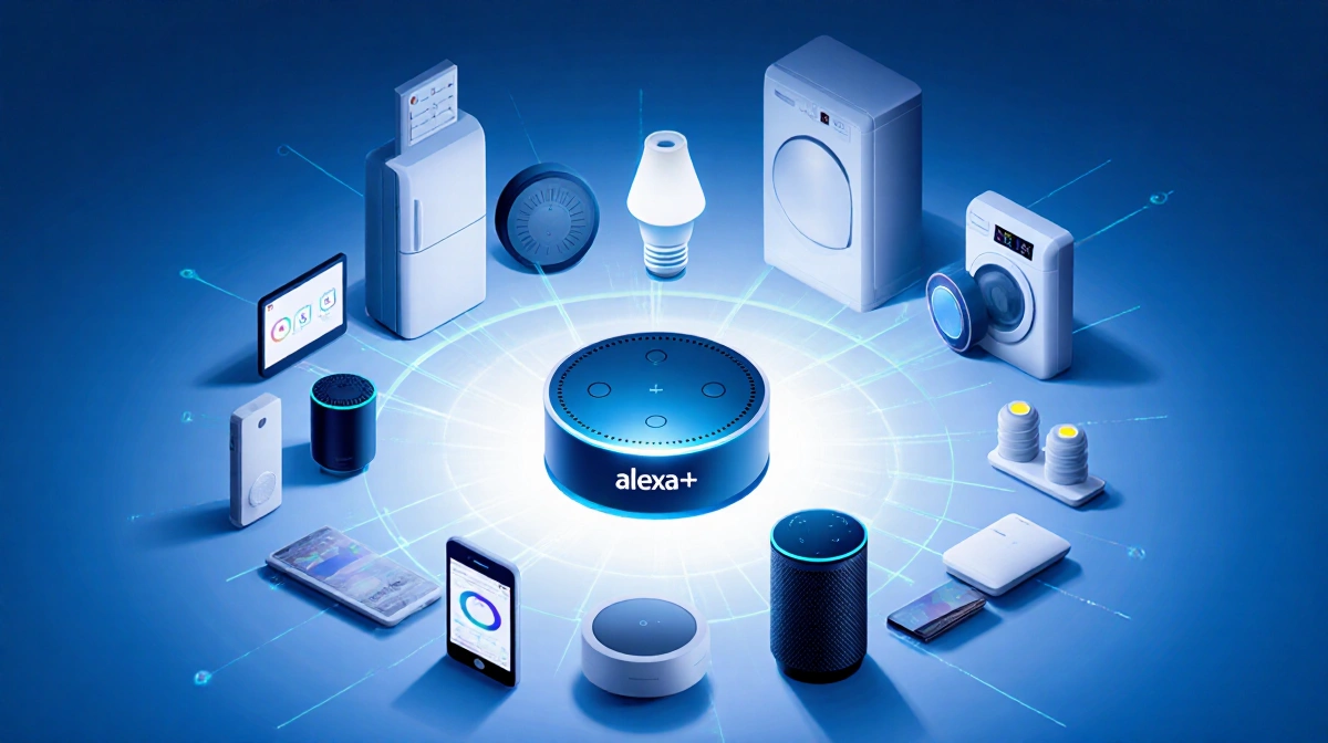 Alexa+ devices glow in a circle around a central hub with smartphones and smart home gadgets showing seamless integration
