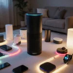 Smart speaker glowing warmly with Alexa+ lights and connected devices around modern living room