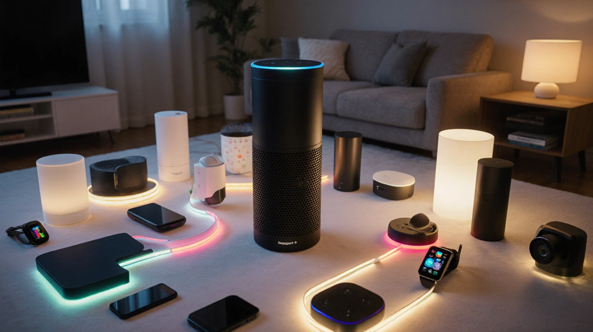 Smart speaker glowing warmly with Alexa+ lights and connected devices around modern living room