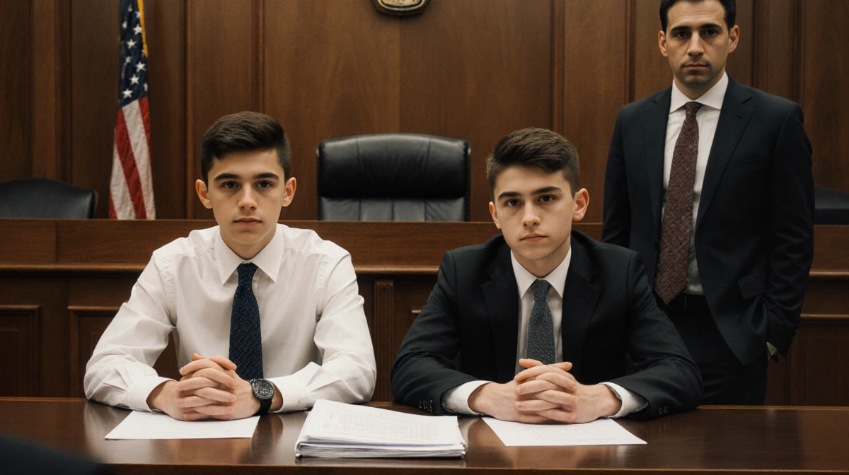 Two brothers sit confidently at courtroom table with lawyer standing beside them and judge's bench behind