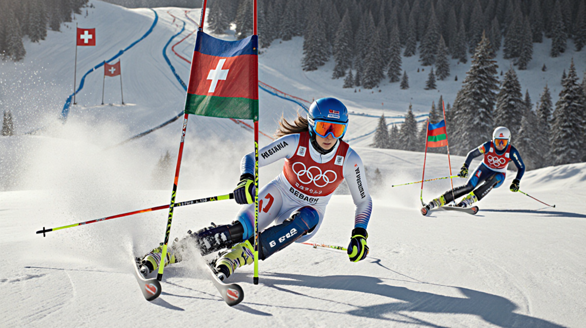 Downhill skier Yulia Pleshkova speeds down Alpine with Russian flag on her jacket and slalom course and Swiss flag distant.