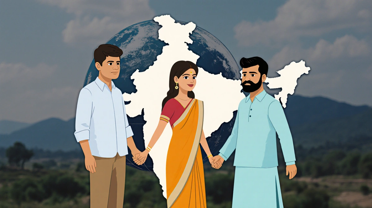 Three diverse business founders stand together holding hands with India map and globe overlay showing their partnership