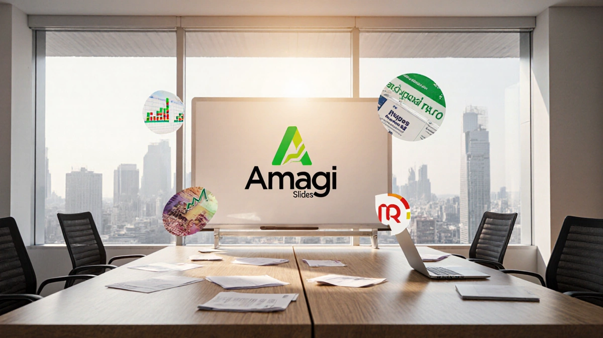 Amagi slides logo on whiteboard with laptops and rupee charts scattered across modern office desk