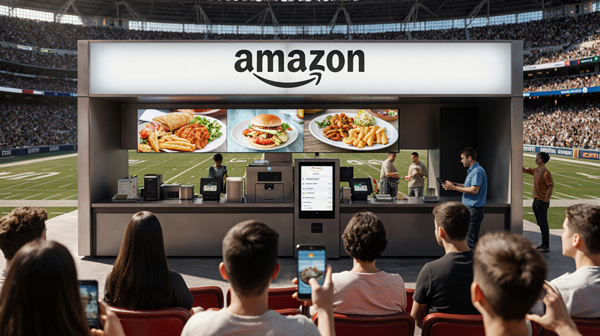 Concession stand serves food with Amazon cashierless terminals and digital menus as a blurred crowd watches.