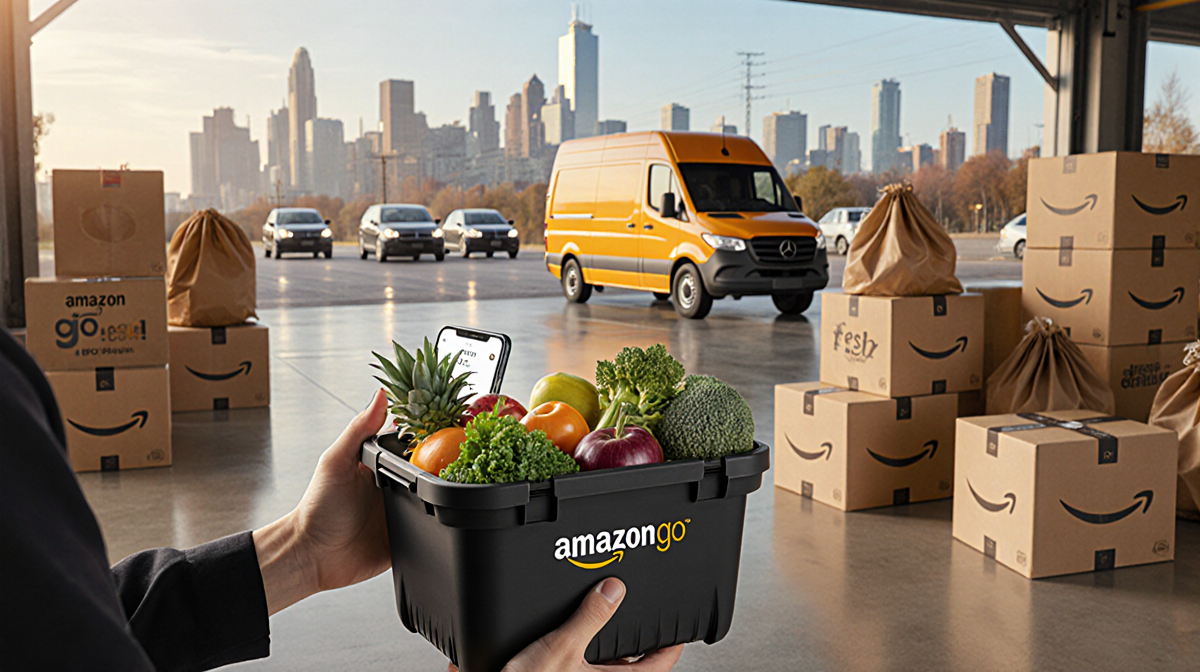 Person holding grocery container and smartphone with Amazon app near Amazon boxes delivery vehicles cityscape backdrop