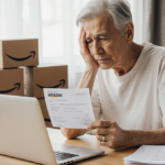 Young adult sits at desk with laptop open to Amazon holding receipt and looking relieved while packages scatter around