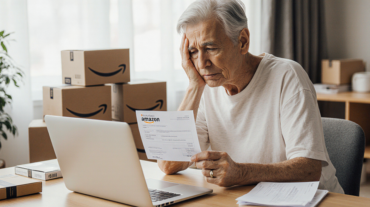 Young adult sits at desk with laptop open to Amazon holding receipt and looking relieved while packages scatter around