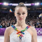 Amber Glenn skating at center ice with rainbow-lit skates and ribbons showing LGBTQ pride