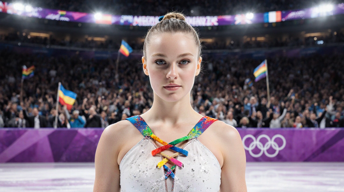 Amber Glenn skating at center ice with rainbow-lit skates and ribbons showing LGBTQ pride