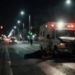 Medic lying outside crumpled ambulance with responders tending him amid nighttime city lights
