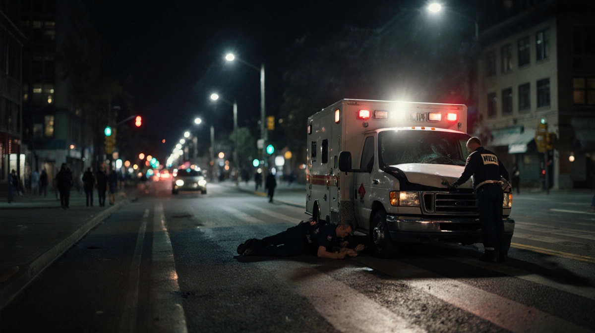 Medic lying outside crumpled ambulance with responders tending him amid nighttime city lights