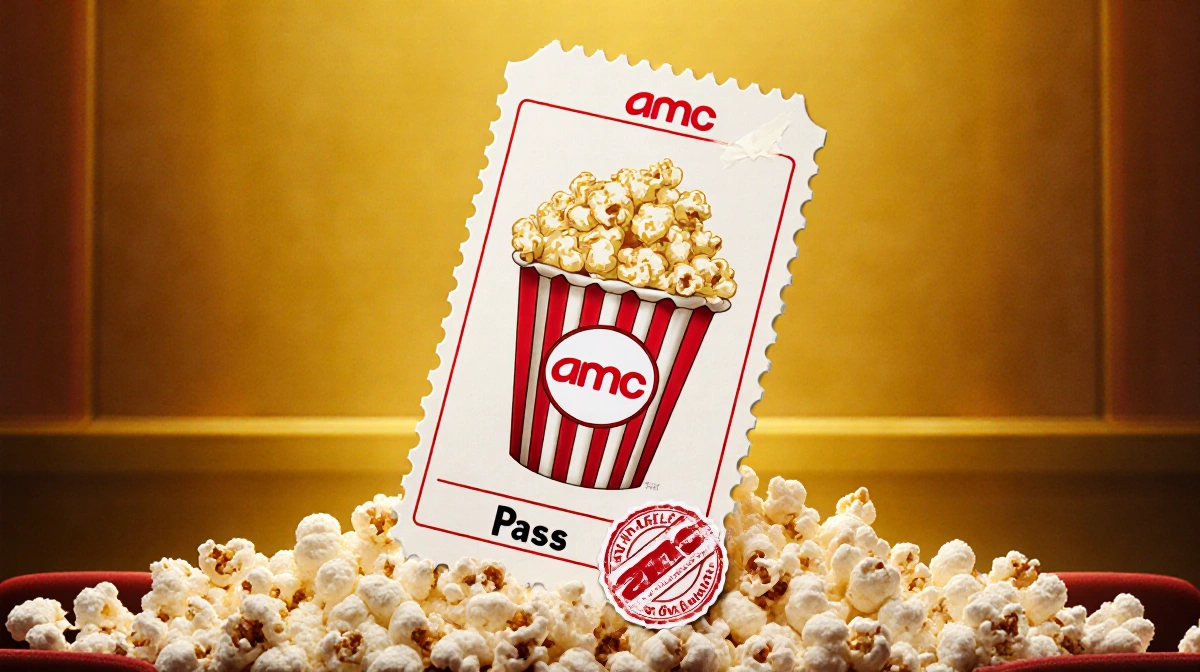 Movie ticket stub shows popcorn icon with AMC logo and scattered kernels on golden background