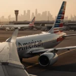 American Airlines airplane taxiing down a runway with golden light and a hazy cityscape in the background.