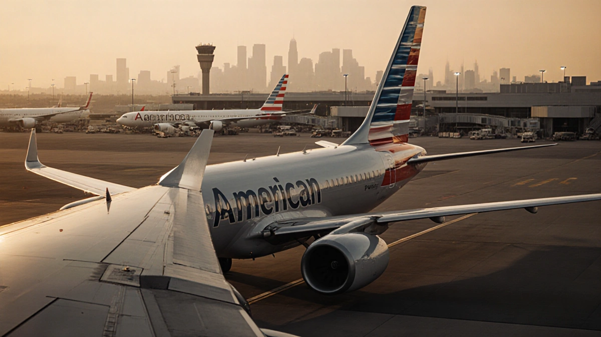 American Airlines airplane taxiing down a runway with golden light and a hazy cityscape in the background.