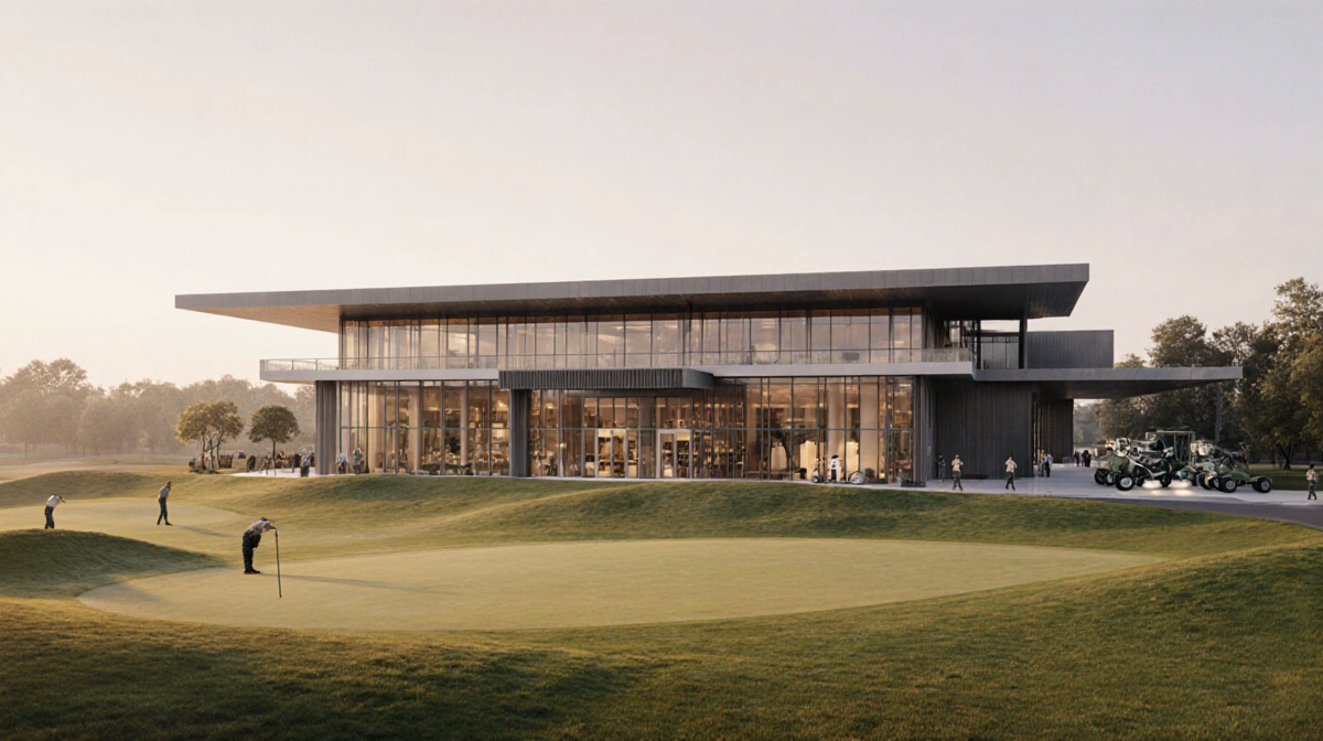 Andrews event center opens with sleek entrance and modern lines showing subtle aircraft support equipment while golfers play