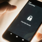 Phone screen showing Find My Device lock screen with glowing border and textured back