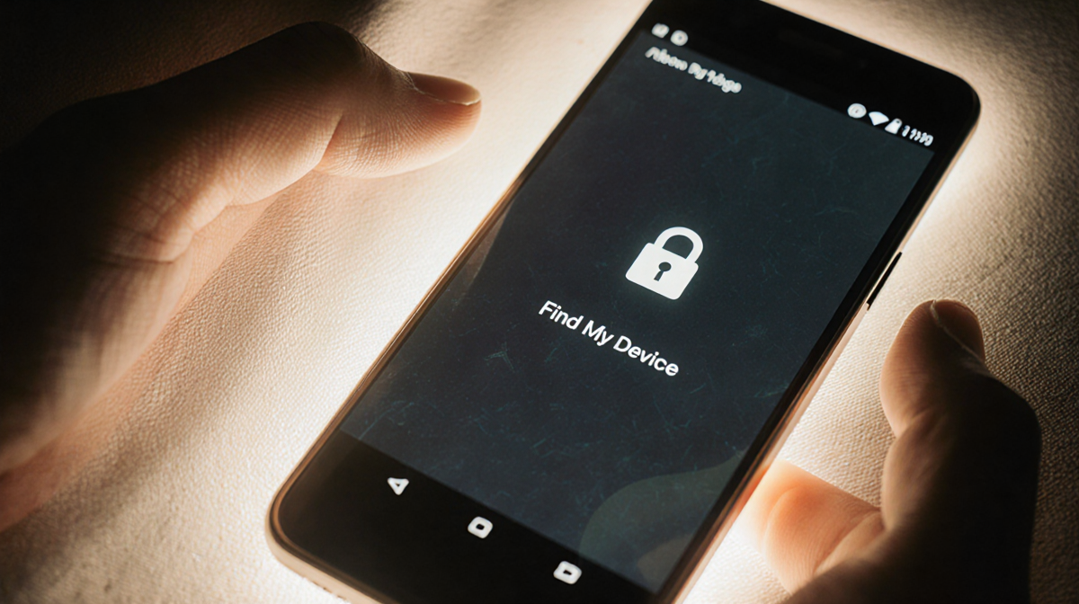 Phone screen showing Find My Device lock screen with glowing border and textured back