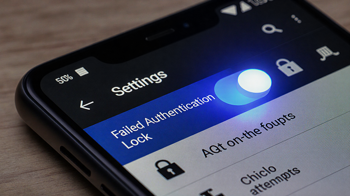 Android Settings screen shows a blue-lit toggle labeled Failed Authentication Lock with icons of failed login attempts nearby