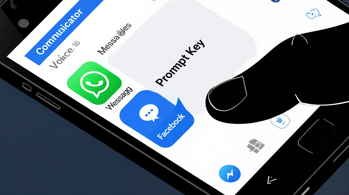 Fingers hover over blue Prompt Key on Android 16 home screen to trigger voice-to-text with speech bubble.