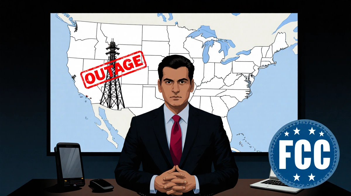 Assemblyman Anil Beephan stands with hands clasped before US map showing red outage stamp over cell tower with FCC logo