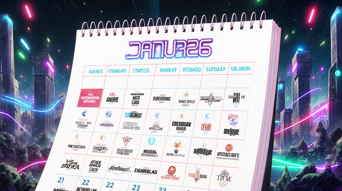 Calendar spread shows January 2026 with futuristic city backdrop and anime titles table.