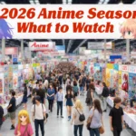 Fans milling through crowded anime convention center with colorful booths and banners and anime merchandise.