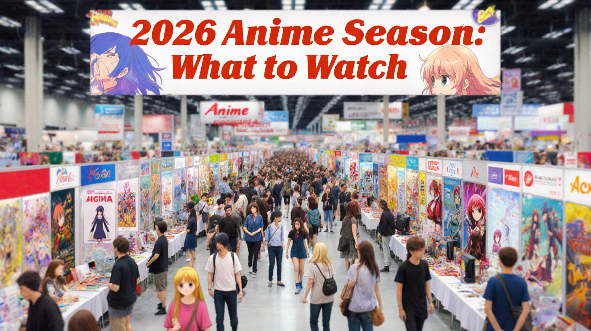 Fans milling through crowded anime convention center with colorful booths and banners and anime merchandise.