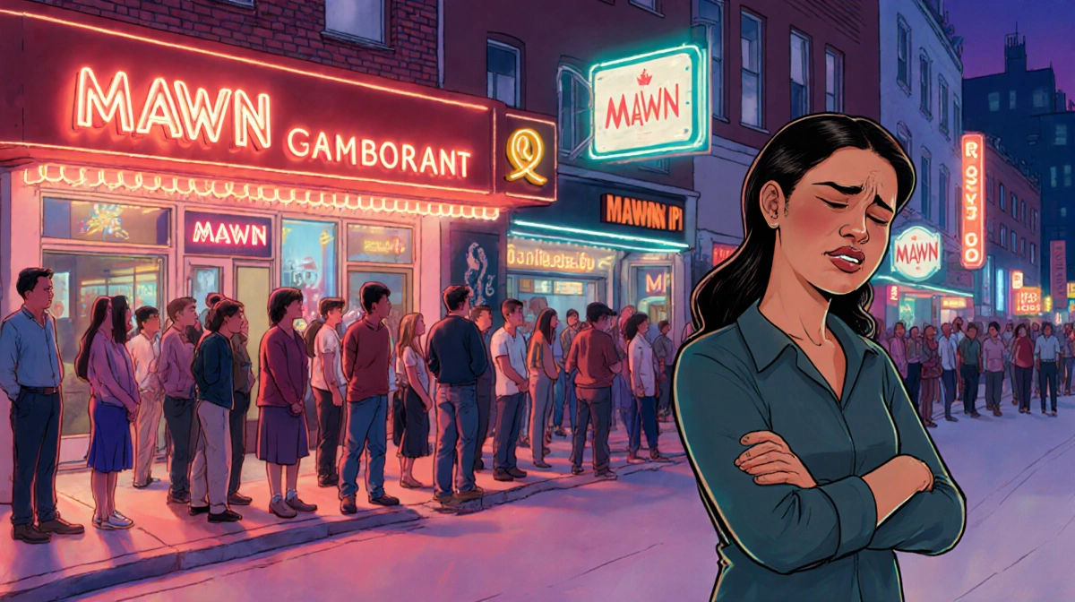 Annabell stands frustrated outside Mawn restaurant with crossed arms and disappointed face while a crowded line waits behind 